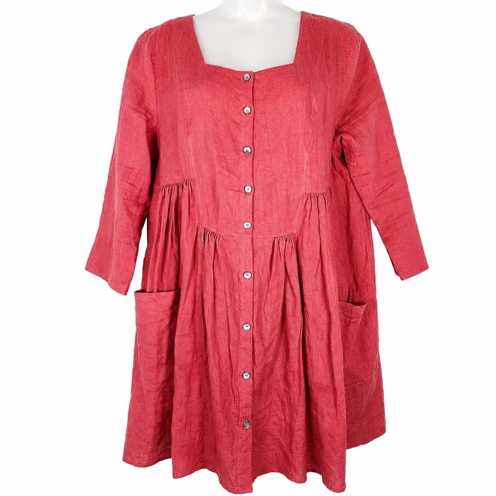 Gudrun Sjoden Dress M Red Linen Button Front Mini Lagenlook Boho Pocket Coastal